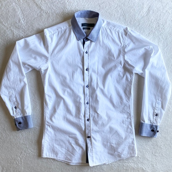 Carven Mens Button-Up Cotton Shirts Mens M White/Blue Striped cuffs - Picture 2 of 14